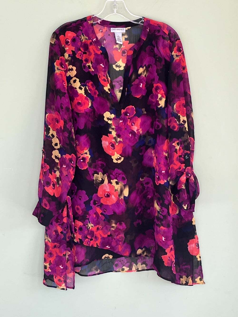Catherines Gauzy Semi Sheer Boho Tunic 1X Asymmetric Layered Hem Roll-Tab Sleeve